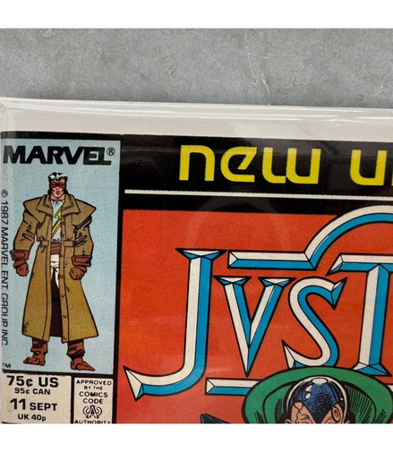 Close-up of Marvel logo and New Universe branding on Justice comic book
