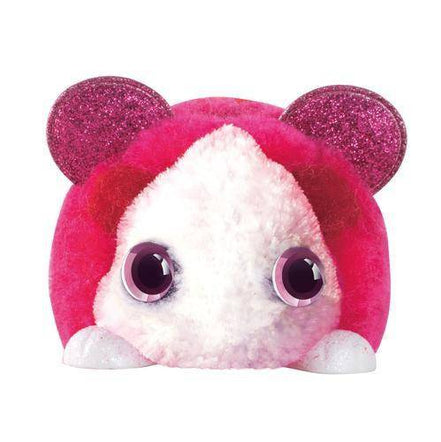Front view of red and white plush toy with big eyes