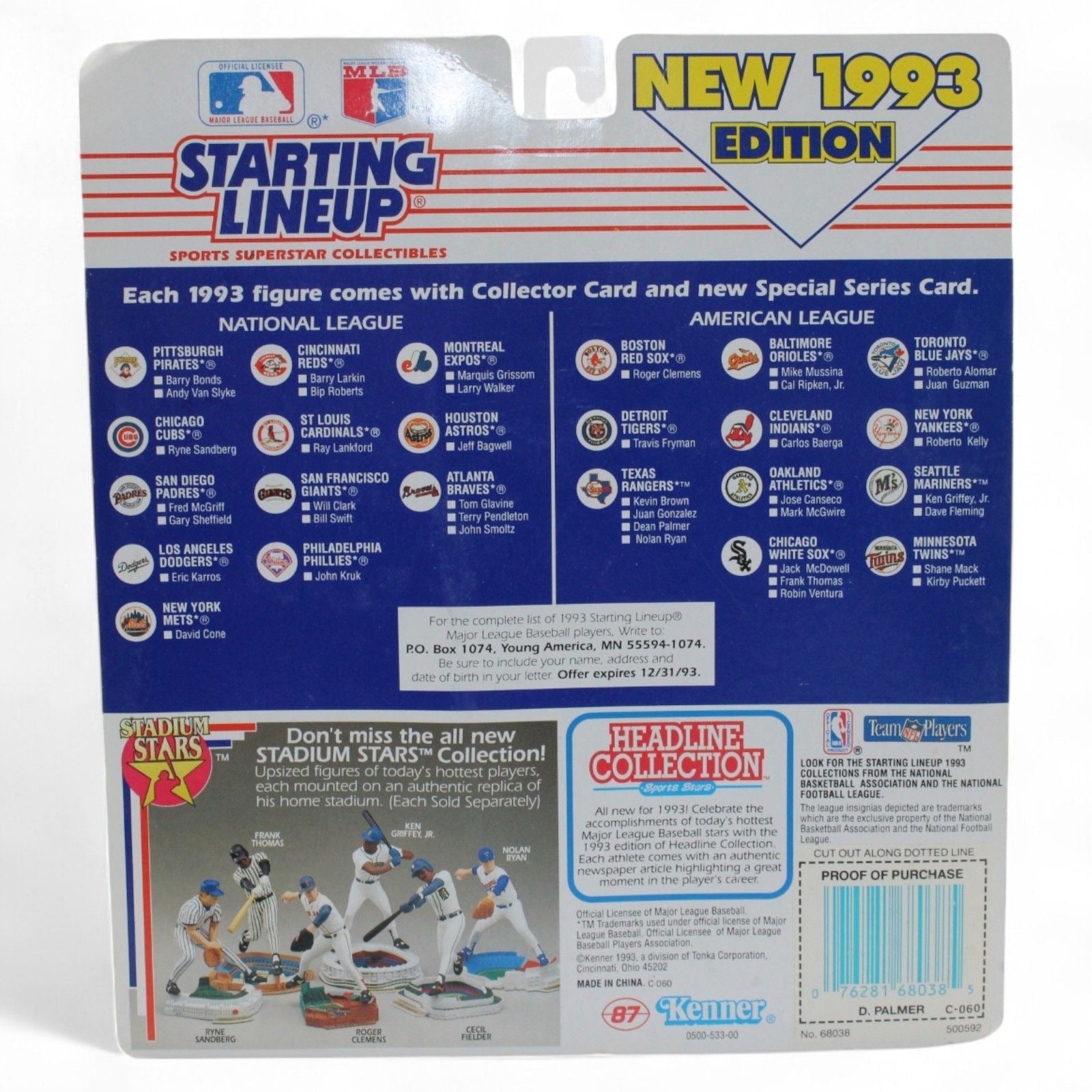 Back of Kenner 1993 Starting Lineup packaging with player list