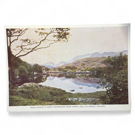 Vintage postcard of MacGillycuddy's Reeks mountains from Upper Lake, Killarney, Ireland, in natural color by P.C., printed in Dublin by Cahill & Co.
