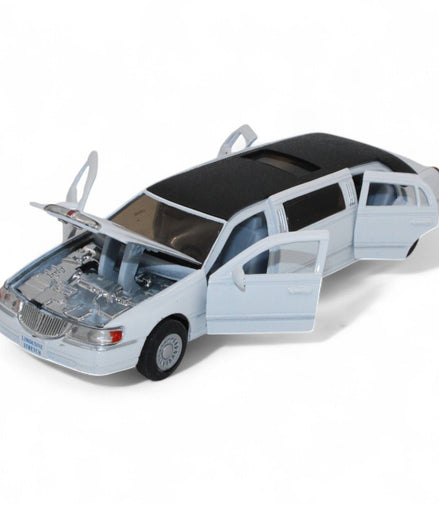 Lincoln Town Car model with open doors and hood showing engine