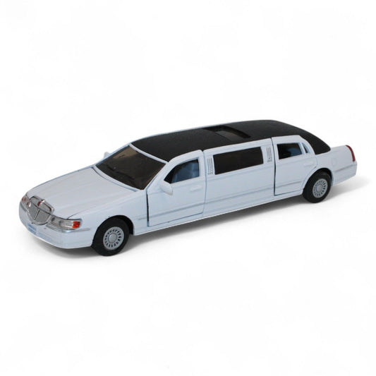 Kinsmart 1:38 scale die-cast model of a 1999 Lincoln Town Car stretch limousine in white, featuring pull-back action and opening doors, hood and sunroof.
