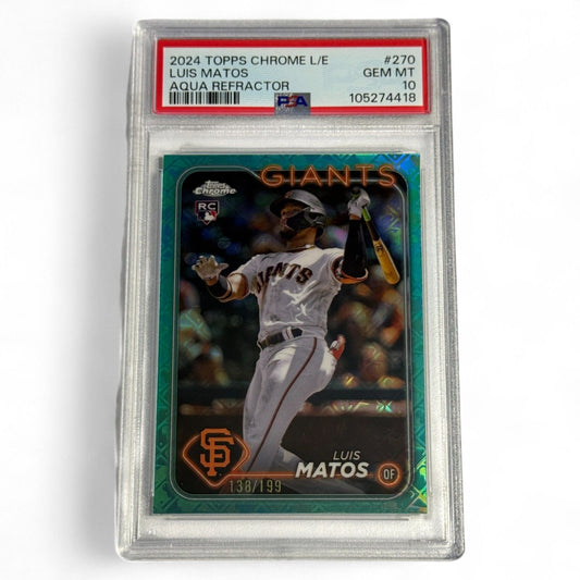 2024 Topps Chrome Luis Matos Aqua Refractor #270 rookie card, serial numbered 138/199, PSA 10 GEM MT, featuring San Francisco Giants outfielder.  
