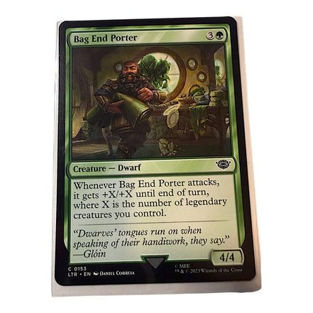 Magic: The Gathering Bag End Porter card featuring a dwarf creature with green mana and unique abilities.