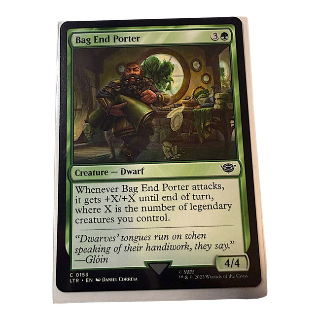 Magic: The Gathering Bag End Porter card featuring a dwarf creature with green mana and unique abilities.