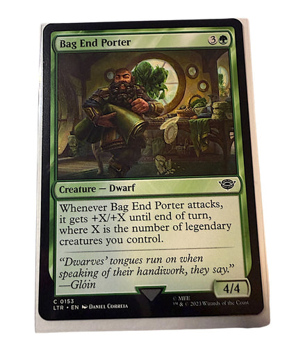 Magic: The Gathering Bag End Porter card featuring a dwarf creature with green mana and unique abilities.
