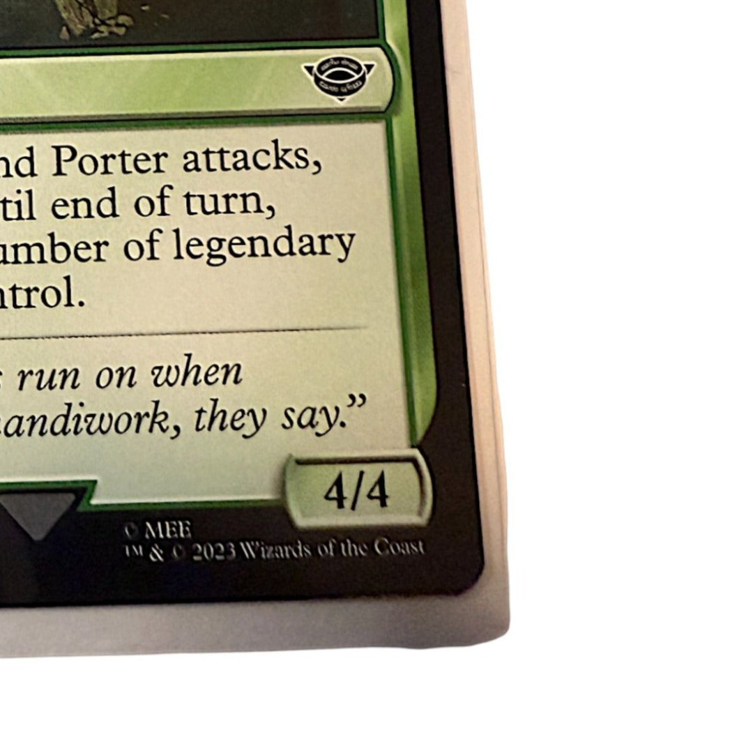 Magic: The Gathering Bag End Porter card featuring a dwarf creature with green mana and unique abilities.