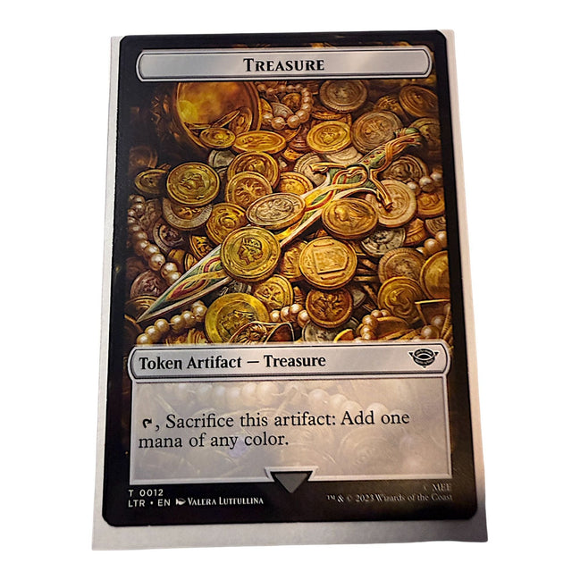 Magic: The Gathering card featuring Treasure token with gold coins and artifacts