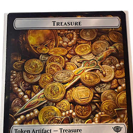 Magic: The Gathering card featuring Treasure token with gold coins and artifacts