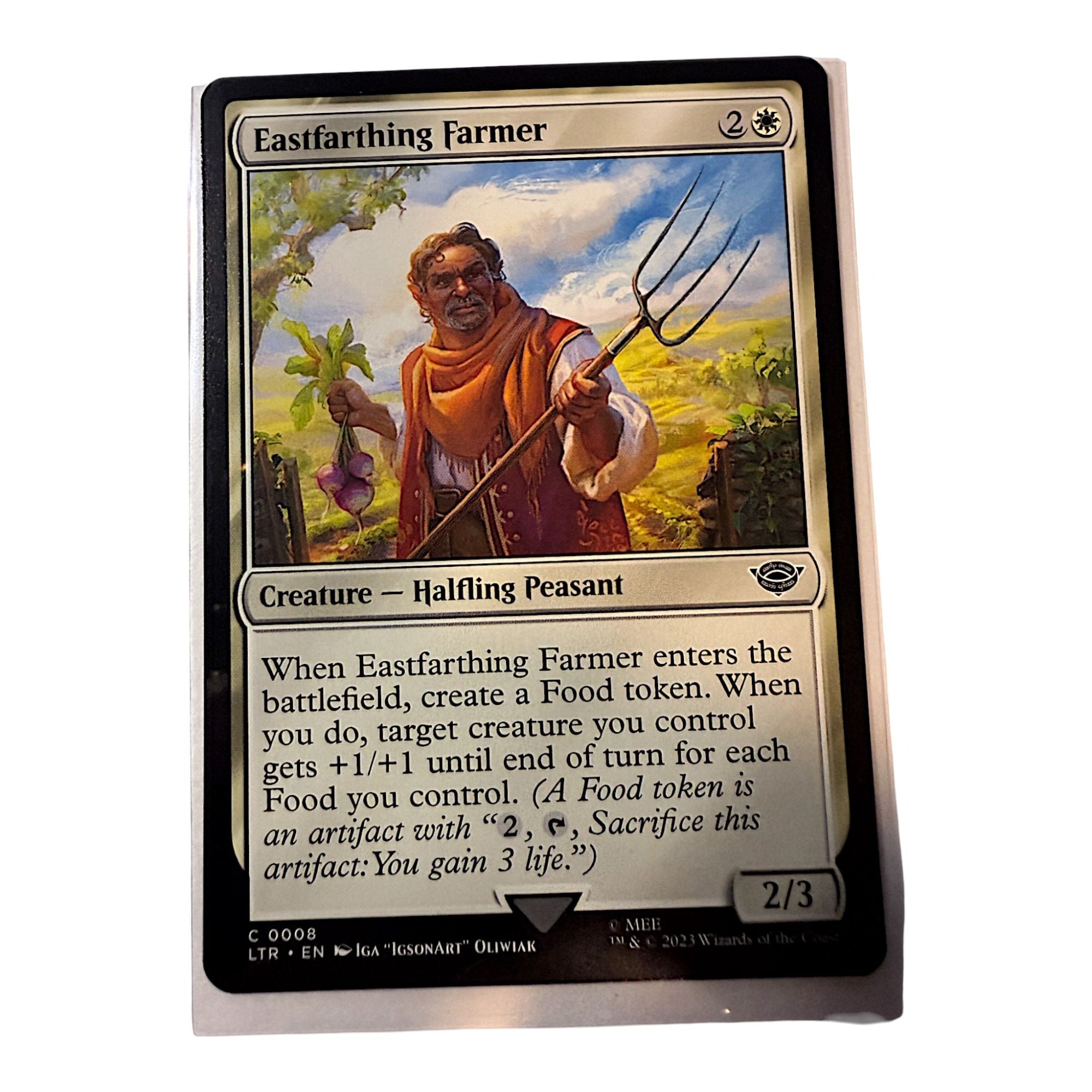 Magic: The Gathering Eastfarthing Farmer card featuring a Halfling Peasant with a pitchfork and turnips.