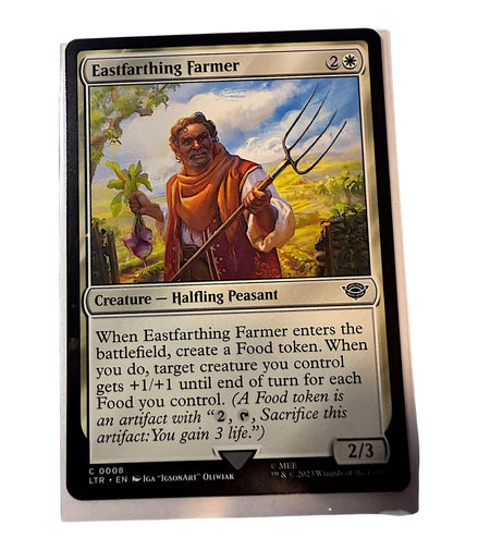 Magic: The Gathering Eastfarthing Farmer card featuring a Halfling Peasant with a pitchfork and turnips.