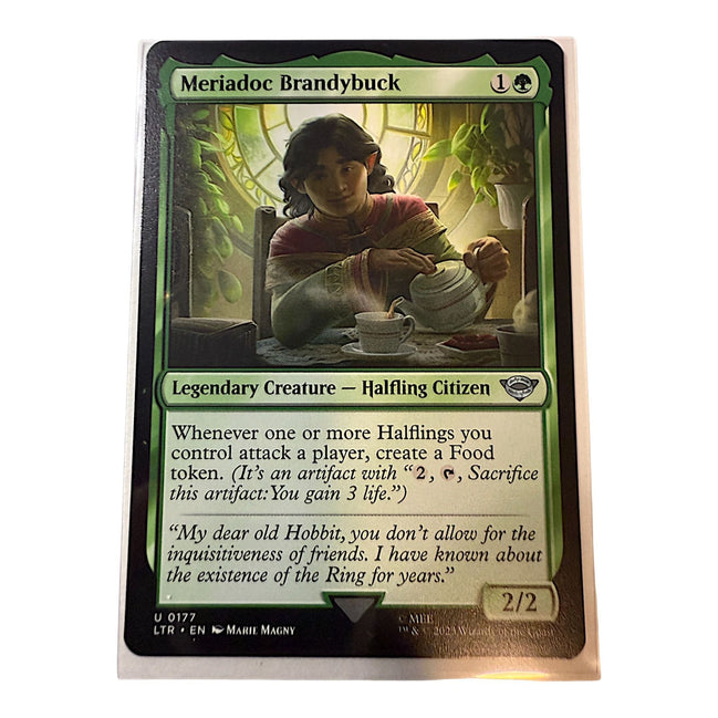 Magic: The Gathering card featuring Meriadoc Brandybuck, a legendary Halfling Citizen with a 2/2 power and toughness.