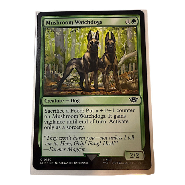 Magic: The Gathering Mushroom Watchdogs card featuring two dogs in a forest setting.