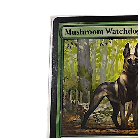 Detailed view of the Mushroom Watchdogs card artwork with forest background.