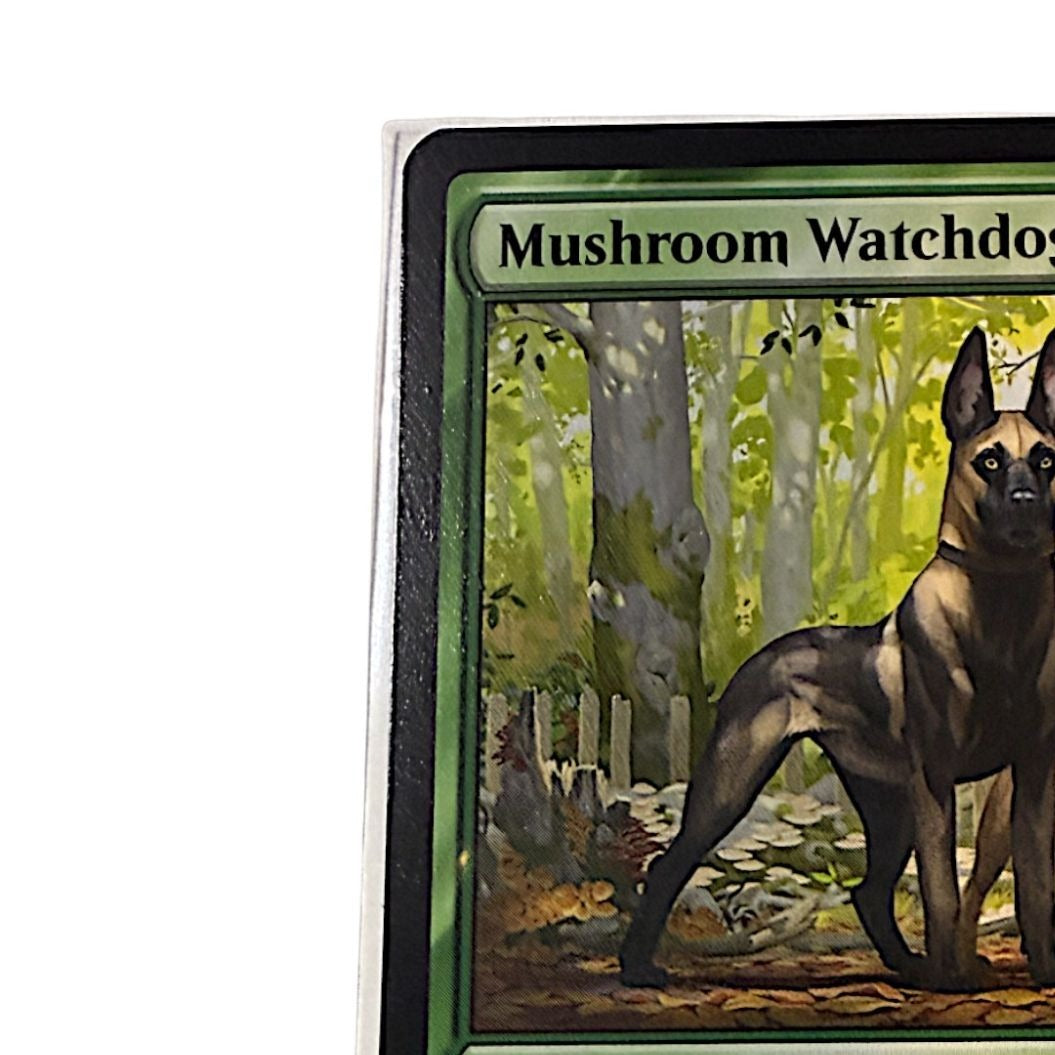 Detailed view of the Mushroom Watchdogs card artwork with forest background.