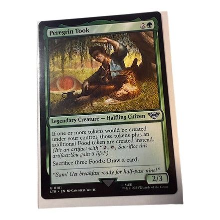 Magic: The Gathering Peregrin Took card featuring a halfling citizen with food tokens.