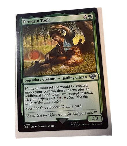 Magic: The Gathering Peregrin Took card featuring a halfling citizen with food tokens.