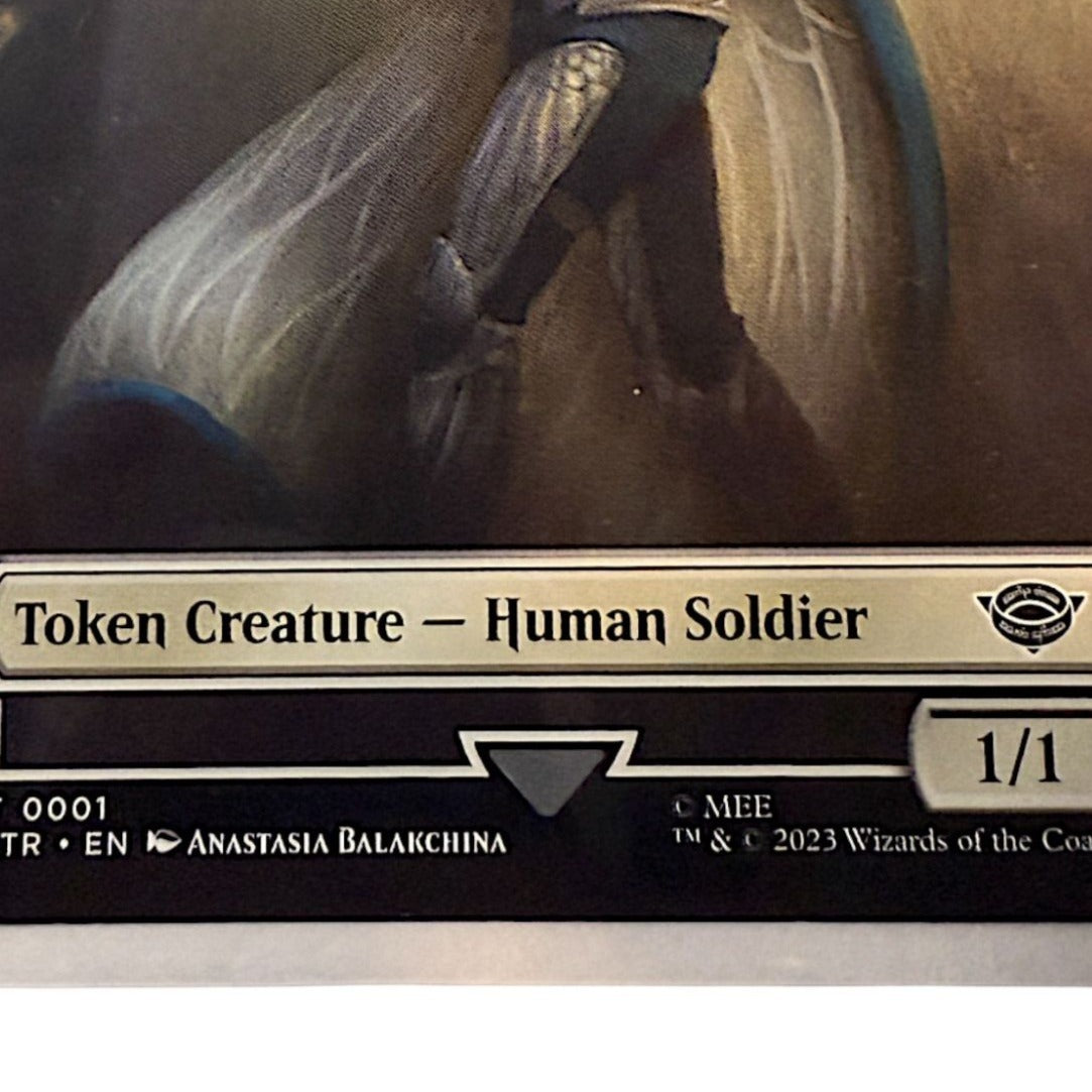 Magic The Gathering Human Soldier token card featuring a warrior in armor
