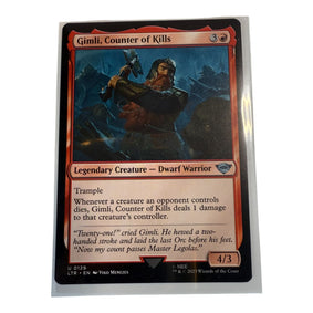 Magic: The Gathering card featuring Gimli, Counter of Kills, a legendary dwarf warrior with trample ability.