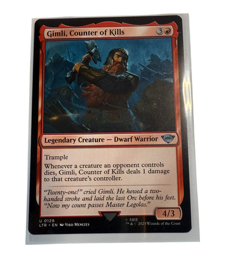 Magic: The Gathering card featuring Gimli, Counter of Kills, a legendary dwarf warrior with trample ability.