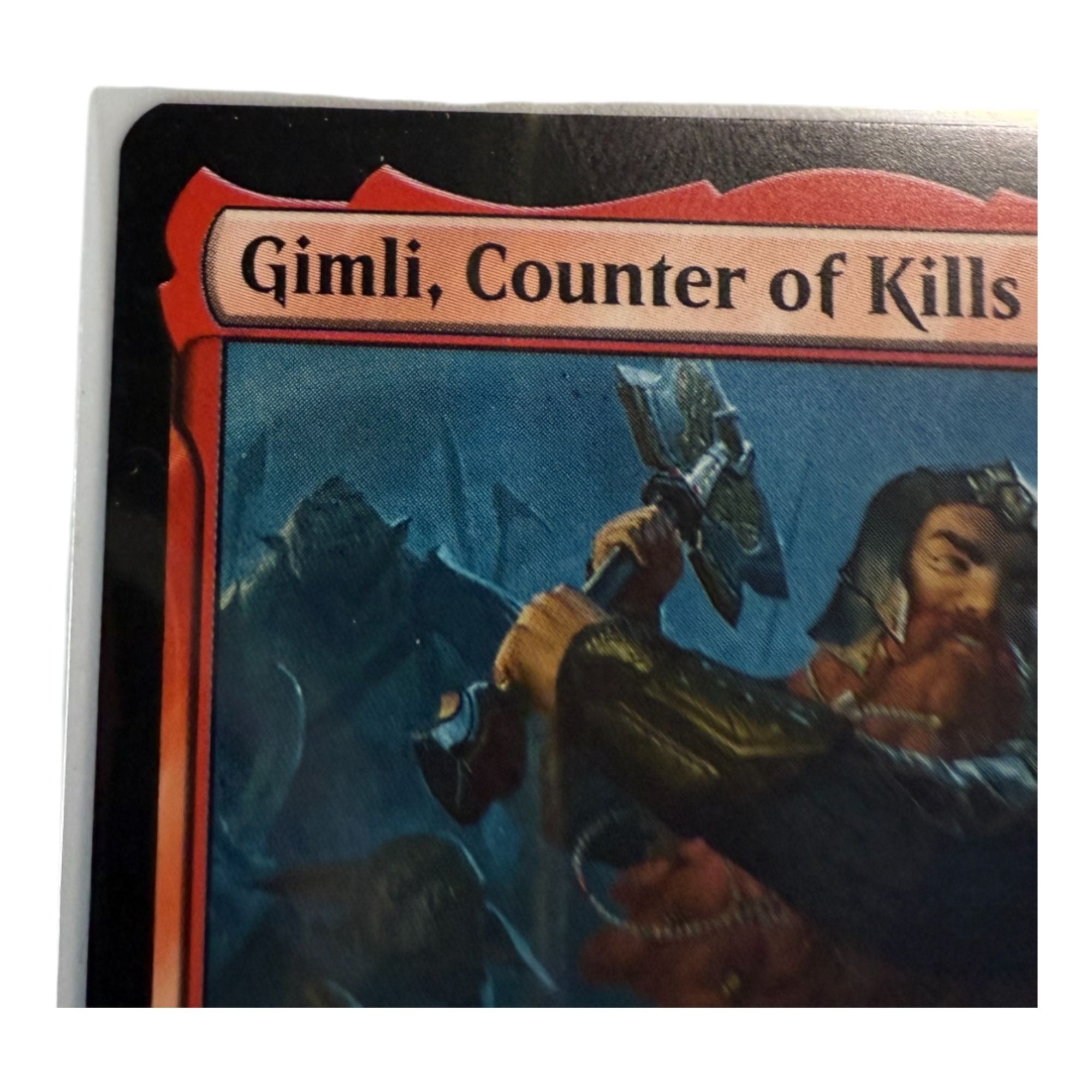 Close-up of Gimli, Counter of Kills card showing the legendary creature type and dwarf warrior classification.