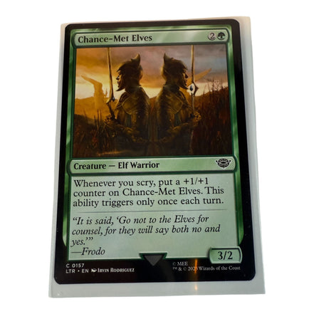 Magic The Gathering Chance-Met Elves card featuring Elf Warrior with sunset background