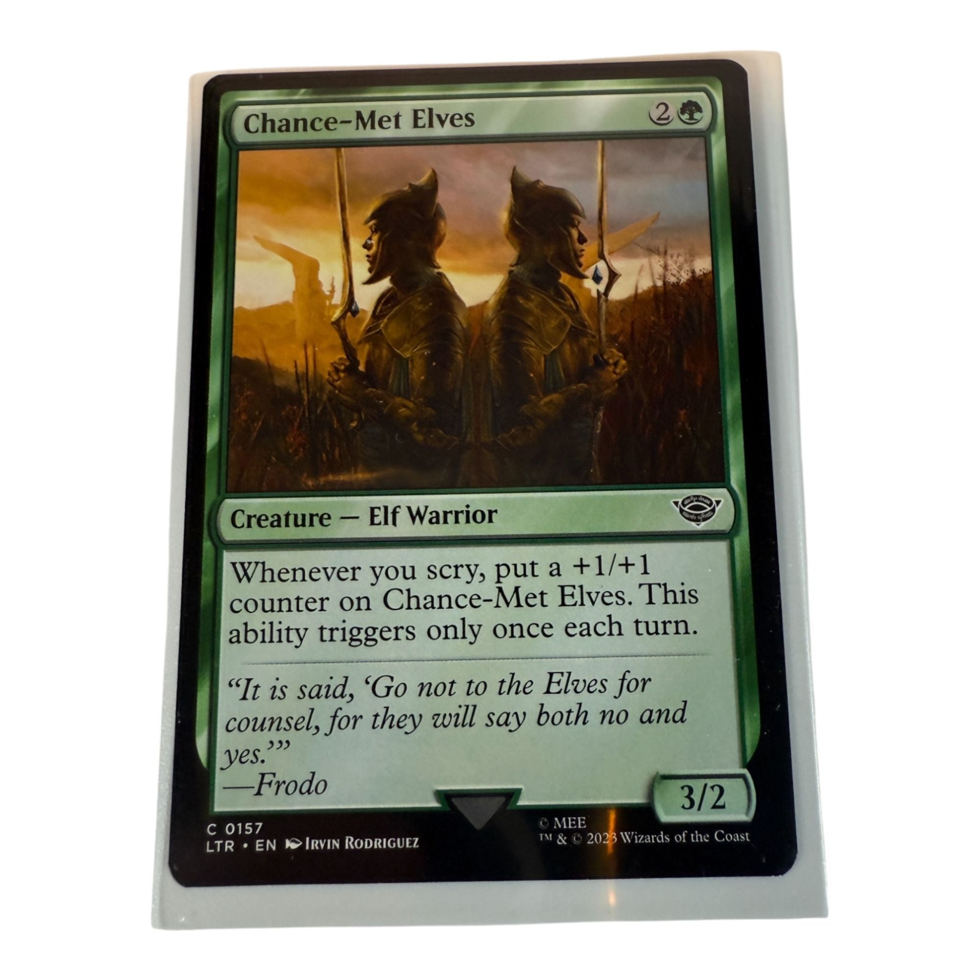 Magic The Gathering Chance-Met Elves card featuring Elf Warrior with sunset background