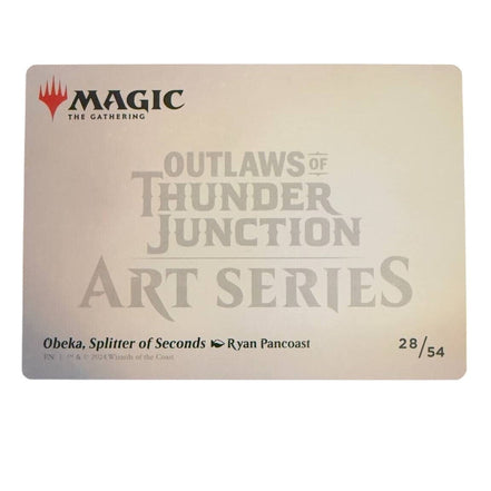Back of the Magic The Gathering Obeka art card showing Outlaws of Thunder Junction Art Series