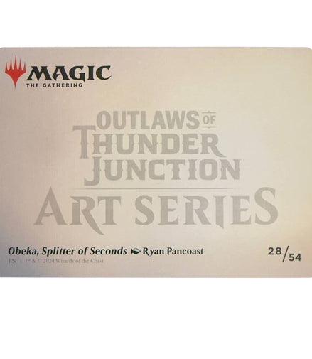 Back of the Magic The Gathering Obeka art card showing Outlaws of Thunder Junction Art Series