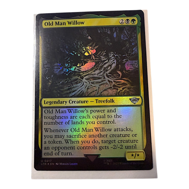 Magic The Gathering Old Man Willow foil card showing legendary creature Treefolk with multicolor design