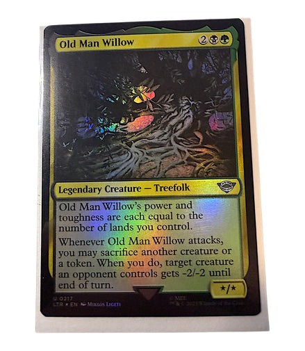 Magic The Gathering Old Man Willow foil card showing legendary creature Treefolk with multicolor design
