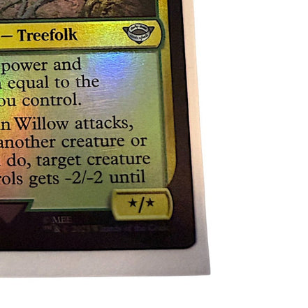 Magic The Gathering Old Man Willow foil card showing legendary creature Treefolk with multicolor design