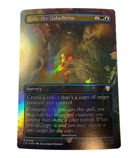 Magic: The Gathering Rally The Galadhrim foil sorcery card with vibrant artwork and text detailing its abilities.