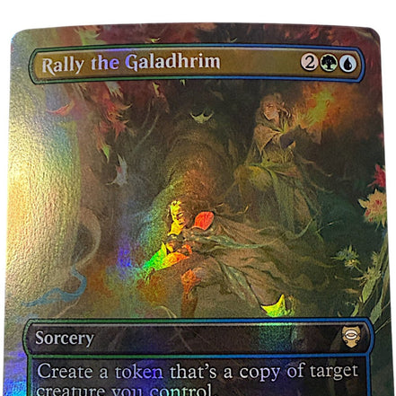 Close-up of the Rally The Galadhrim card showing the foil effect and detailed artwork.