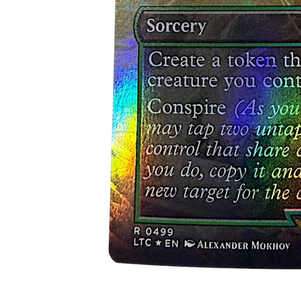 Magic: The Gathering Rally The Galadhrim foil sorcery card with vibrant artwork and text detailing its abilities.