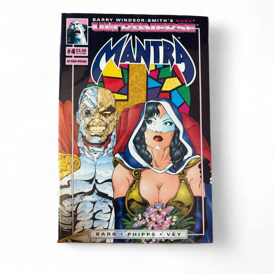 Vintage Malibu Comics Ultraverse “Mantra” issue 4 (1993) featuring Mantra and Rune back cover, First Print superhero collector’s comic by Mike W. Barr and Barry Windsor‑Smith.  
