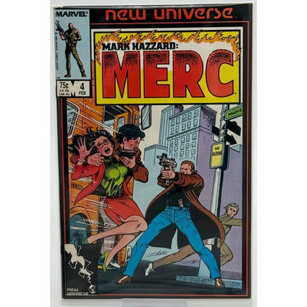 Cover of Mark Hazzard: Merc #4, featuring action scene from Marvel's New Universe series
