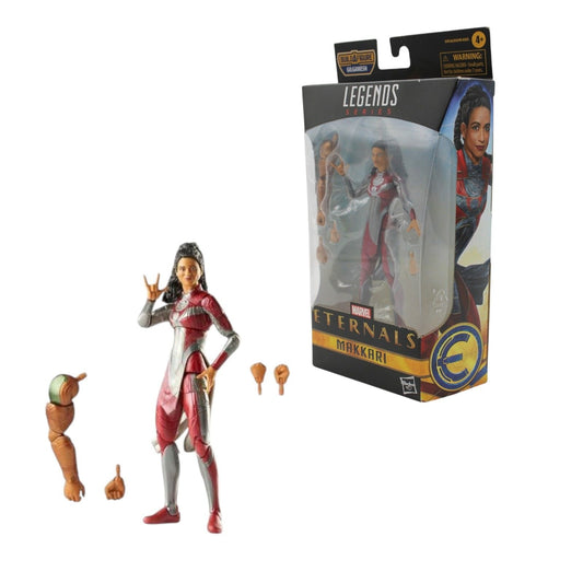 A highly articulated Hasbro Marvel Legends Makkari action figure in Eternals movie costume with interchangeable hands and Build‑A‑Figure Gilgamesh piece.
