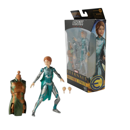 A highly articulated Hasbro Marvel Legends Sprite action figure in movie-inspired Eternals costume, with interchangeable hands and Build‑A‑Figure torso piece.
