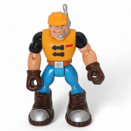 Close-up of a Mattel Rescue Heroes action figure in orange and blue