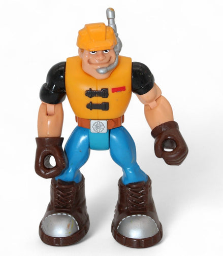 Close-up of a Mattel Rescue Heroes action figure in orange and blue