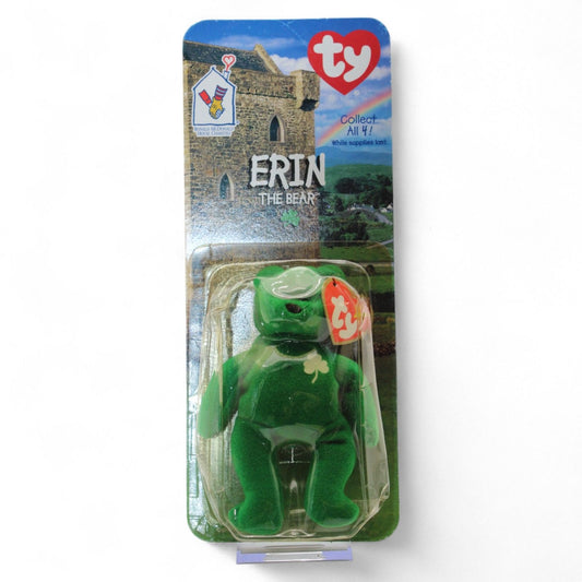 Ty McDonald's Erin the Bear Teenie Beanie Baby is a plush collectible from 1998 in mint condition, celebrating Irish heritage and charm.
