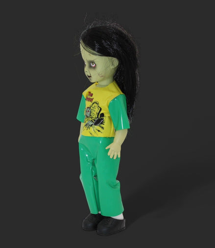 Gabriella Living Dead Doll in green outfit with black hair, side view