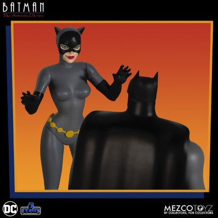 Retro-style packaging of Mezco Toyz's DC Batman: The Animated Series figures
