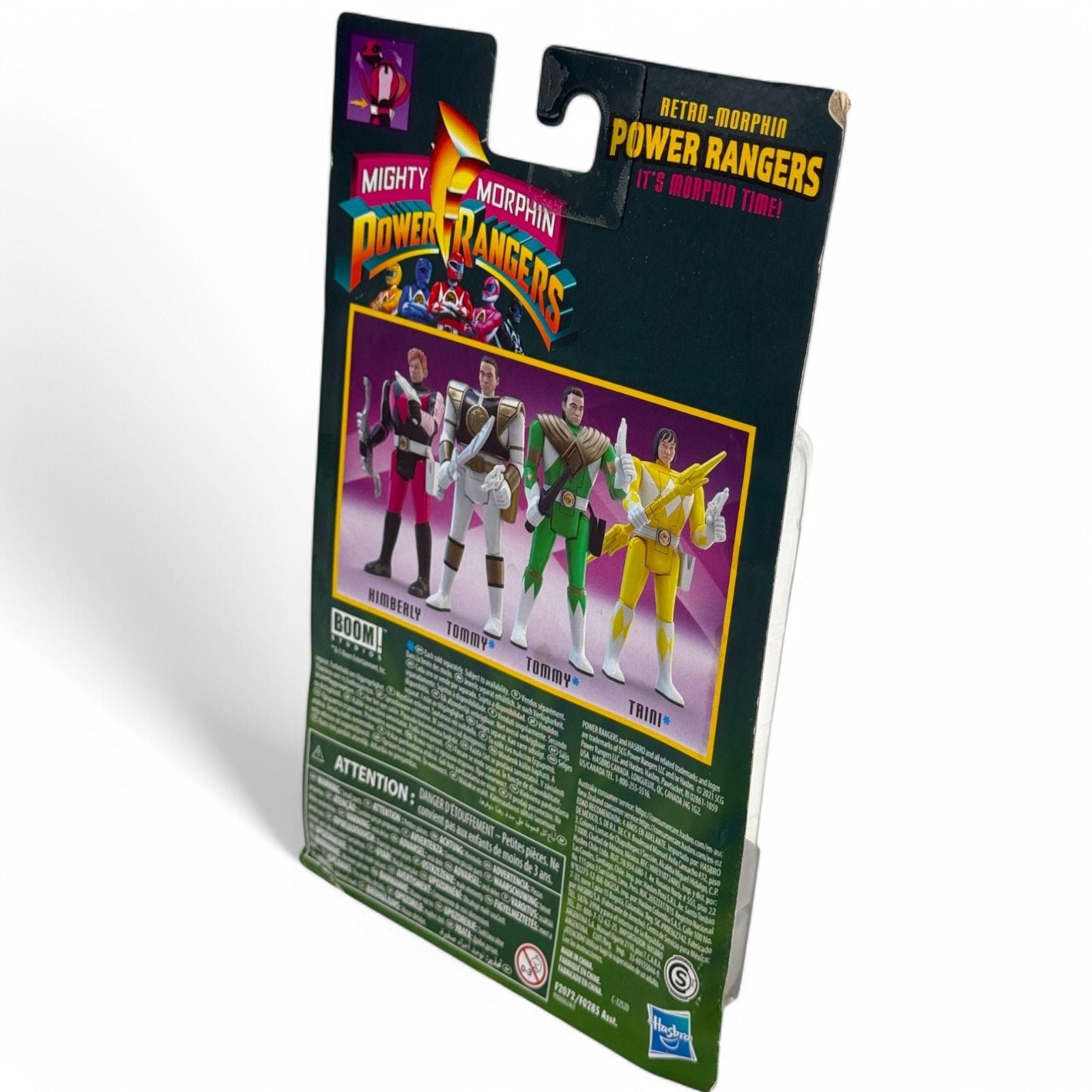 Angled view of Mighty Morphin Power Rangers Pink Ranger Kimberly action figure in box