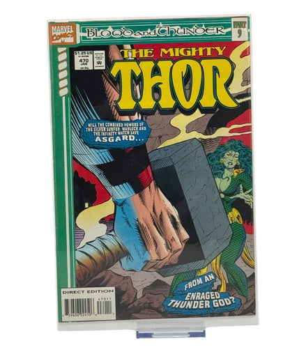 The Mighty Thor #470 comic cover featuring Thor's hand holding Mjolnir, part of the Blood & Thunder series.