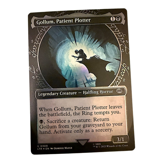 Magic: The Gathering Gollum Patient Plotter card featuring a legendary halfling horror creature.