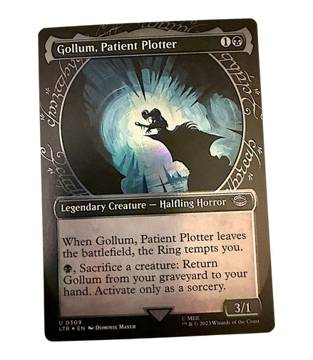Magic: The Gathering Gollum Patient Plotter card featuring a legendary halfling horror creature.
