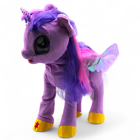 A talking and singing Princess Twilight Sparkle plush by Hasbro (My Magical Princess), with battery‑operated wings, horn light and tiara, interactive for play.
