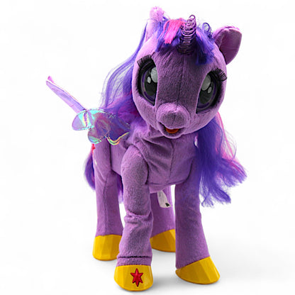 A talking and singing Princess Twilight Sparkle plush by Hasbro (My Magical Princess), with battery‑operated wings, horn light and tiara, interactive for play.

